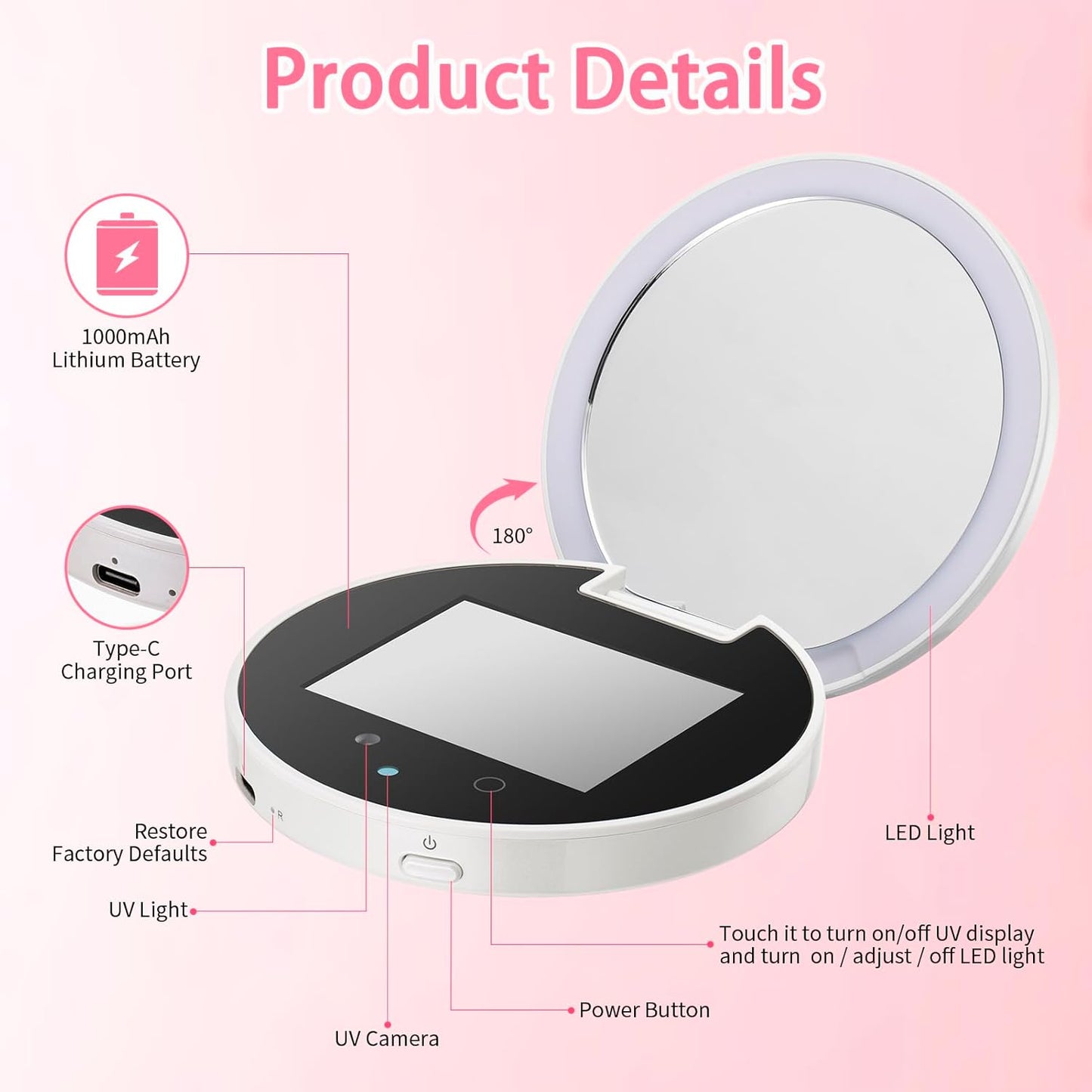 CALMORA UV Camera Mirror for Sunscreen Test, 2X Makeup Mirror with Lights and Magnification, Rechargeable 3.8 Inch Portable Pocket Mirror for Skin Protection