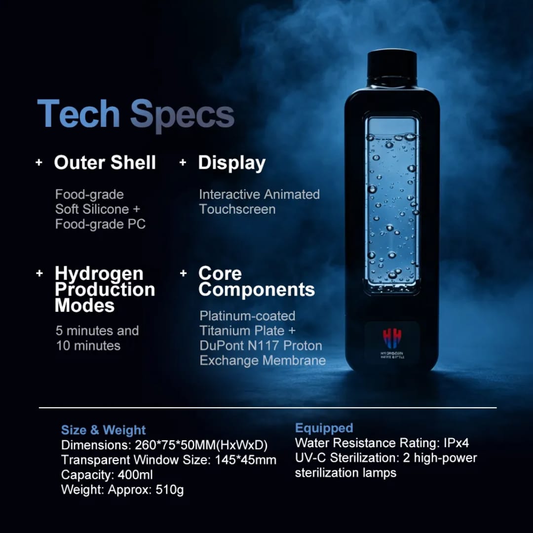 Calmora Hydrogen Water Bottle Active Smart Hydration Solution with Water Intake Tracking & LCD Touch Screen - Compact & Convenient - Transparent Hydrogen Flask - 12 oz