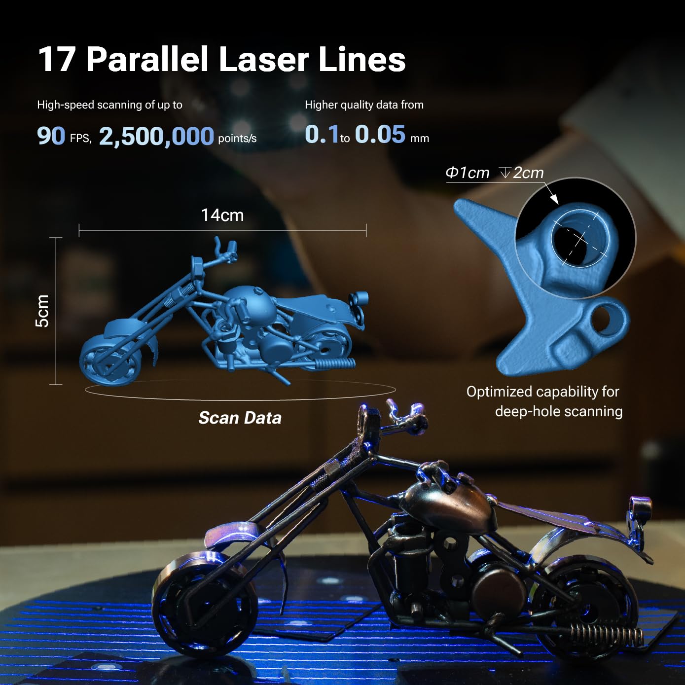EINSTAR 2 Wirless 3D Scanner, 17 Parallel Lines Blue Laser and VCSEL Infared Light Support 3D Scanning Small to Large Objects, Up to 90 FPS High Speed Scanning Efficiency