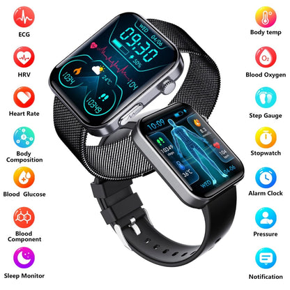 CALMORA F300 Smart Health Watch with 1.7-inch Touch Display, Blood Glucose Monitor, Heart Rate Tracker, Blood Pressure Monitor, ECG, Body Temperature, Sleep Monitor, Black