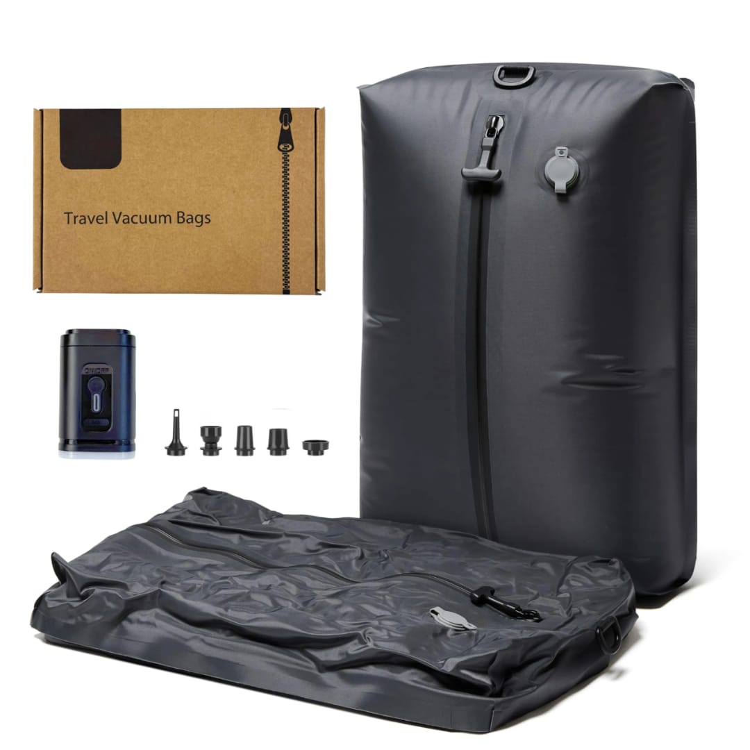 CALMORA Vacuum Kit Reusable Air Seal Compression Bags with Wireless Vacuum Pump Suitcases Backpack Space Saver Airline Travel Airback Vacpack (2-Pack, Medium (Vacuum Pump Included)