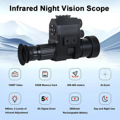 CALMORA Night Vision Monocular 940nm 12mm Super Clear Lens Infrared Night Vision Scope 5X Digital Zoom 3 Levels of Infrared Adjustment with 32GB Memory Card, for Camping/Hunting