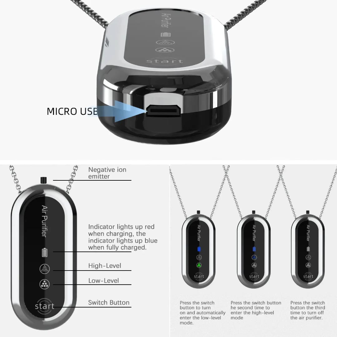 Calmora Wearable Air Purifier Necklace, Personal Portable Air Freshner Ionizer with Necklace and Rechargeable Battery, Small Size/One-Button Start/Low Noise for Adults Kids
