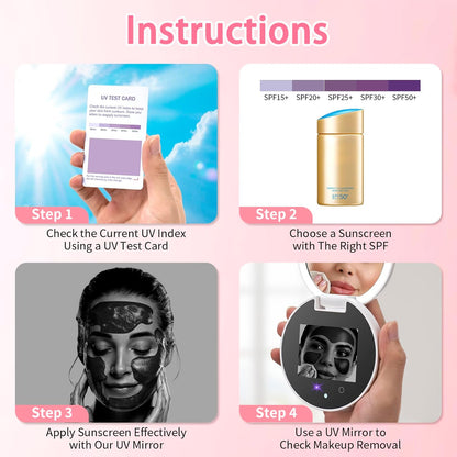 CALMORA UV Camera Mirror for Sunscreen Test, 2X Makeup Mirror with Lights and Magnification, Rechargeable 3.8 Inch Portable Pocket Mirror for Skin Protection
