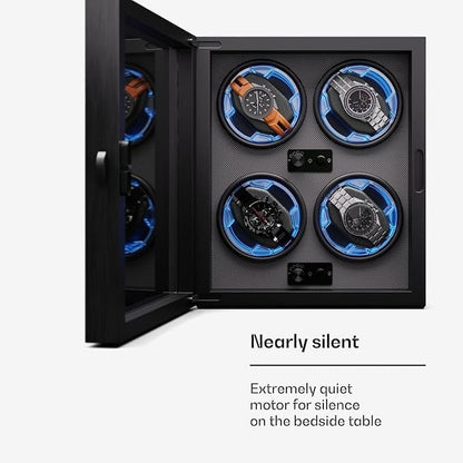 CALMORA Watch Winder for Automatic 4 Watches, Automatic Winder with Acrylic Door, Blue LEDs Watch Winder with 4 TPD Settings