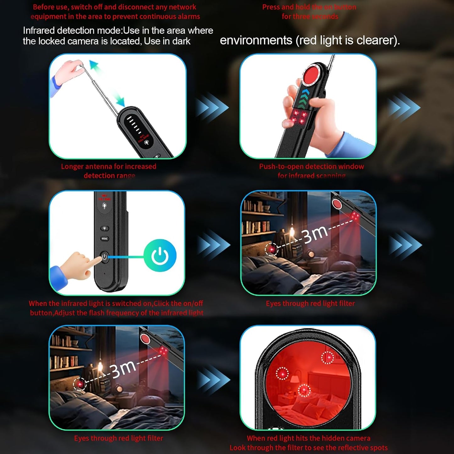 Calmora Hidden Camera Detector, Anti Spy Camera Detector Wireless Rechargeable for Home, Office, Travel, Hotels