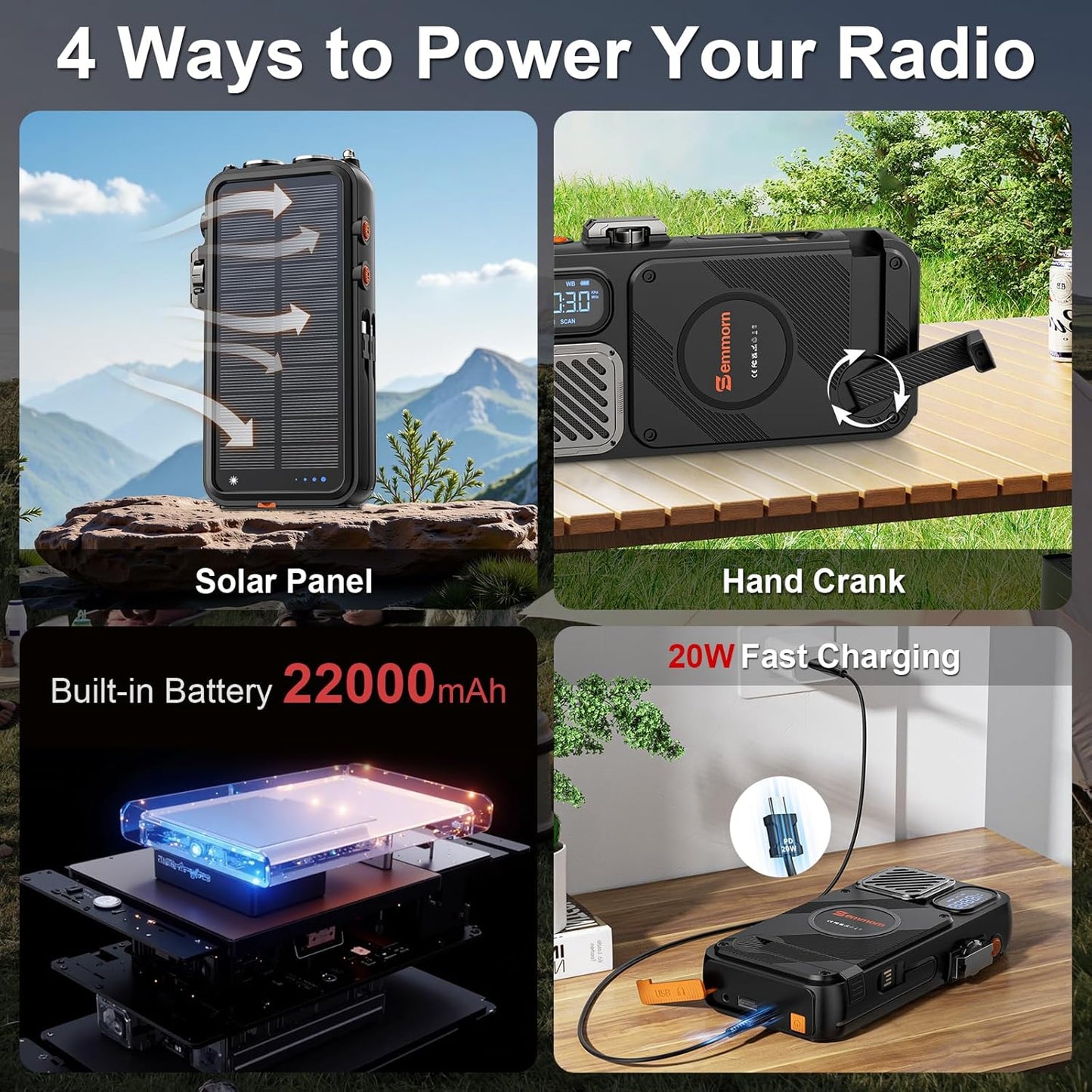 Calmora Emergency Radio & 22000mAh Solar Power Bank, FM NOAA Weather Radio, Portable Hand Crank Bluetooth Radio, 20W Fast Charge Wireless Phone Charger, SOS Flashlight for Emergency/Home