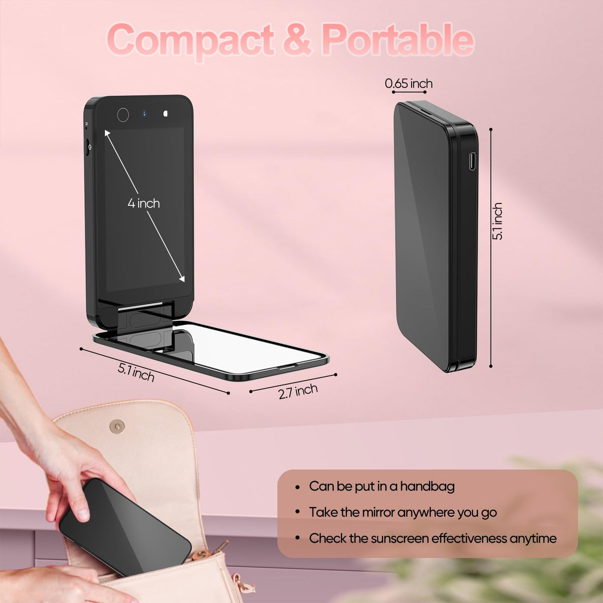 CALMORA UV Camera for Sunscreen Test UV Mirror Sunscreen Camera, 4 Inch Vanity Mirror Rechargeable Compact Travel Makeup Mirror Handheld Double-Sided Pocket Mirror for Skin Protection(Dark Black)