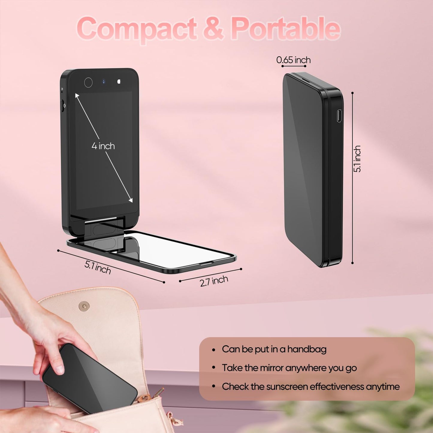 CALMORA UV Camera for Sunscreen Test UV Mirror Sunscreen Camera, 4 Inch Vanity Mirror Rechargeable Compact Travel Makeup Mirror Handheld Double-Sided Pocket Mirror for Skin Protection(Dark Black)