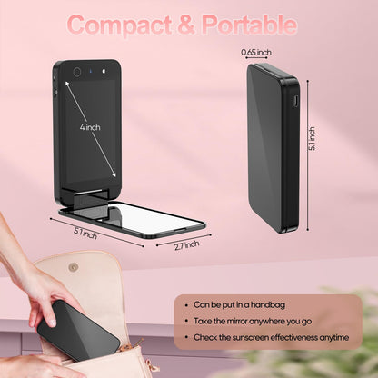 CALMORA UV Camera for Sunscreen Test UV Mirror Sunscreen Camera, 4 Inch Vanity Mirror Rechargeable Compact Travel Makeup Mirror Handheld Double-Sided Pocket Mirror for Skin Protection(Dark Black)