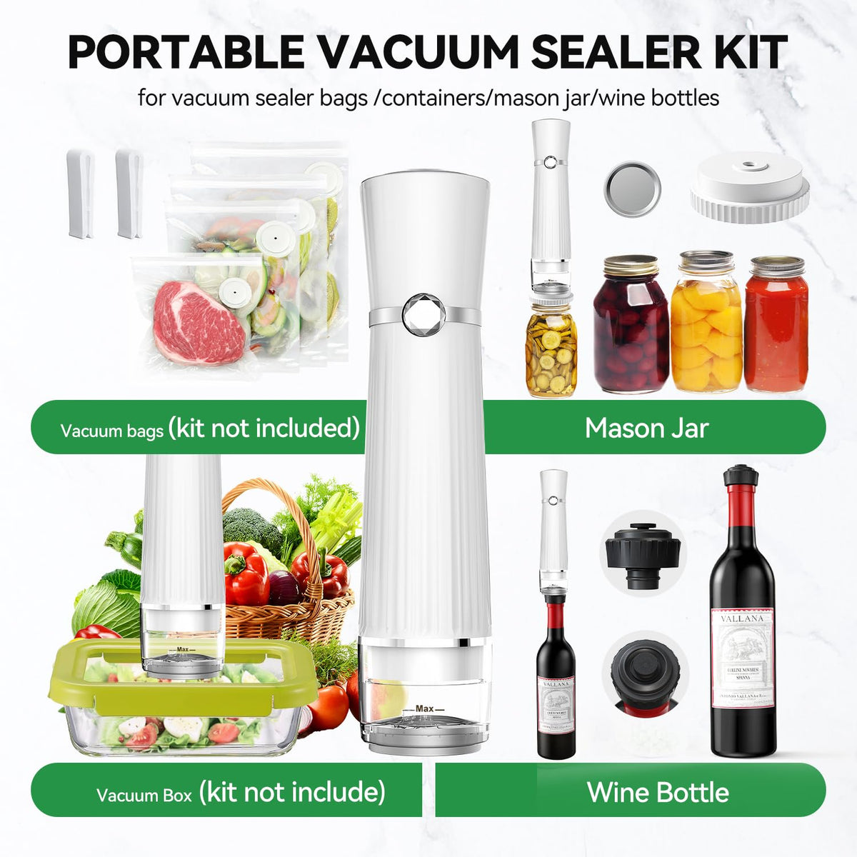 Calmora Vacuum Sealer for Food (Compact Vacuum Sealer Machine +30 Mason Jar Lids+ Wine Stopper), Handheld Mason Jar Vacuum Sealer for 10X Preservation & Fresh, 80Kpa Portable Vacuum Food Saver