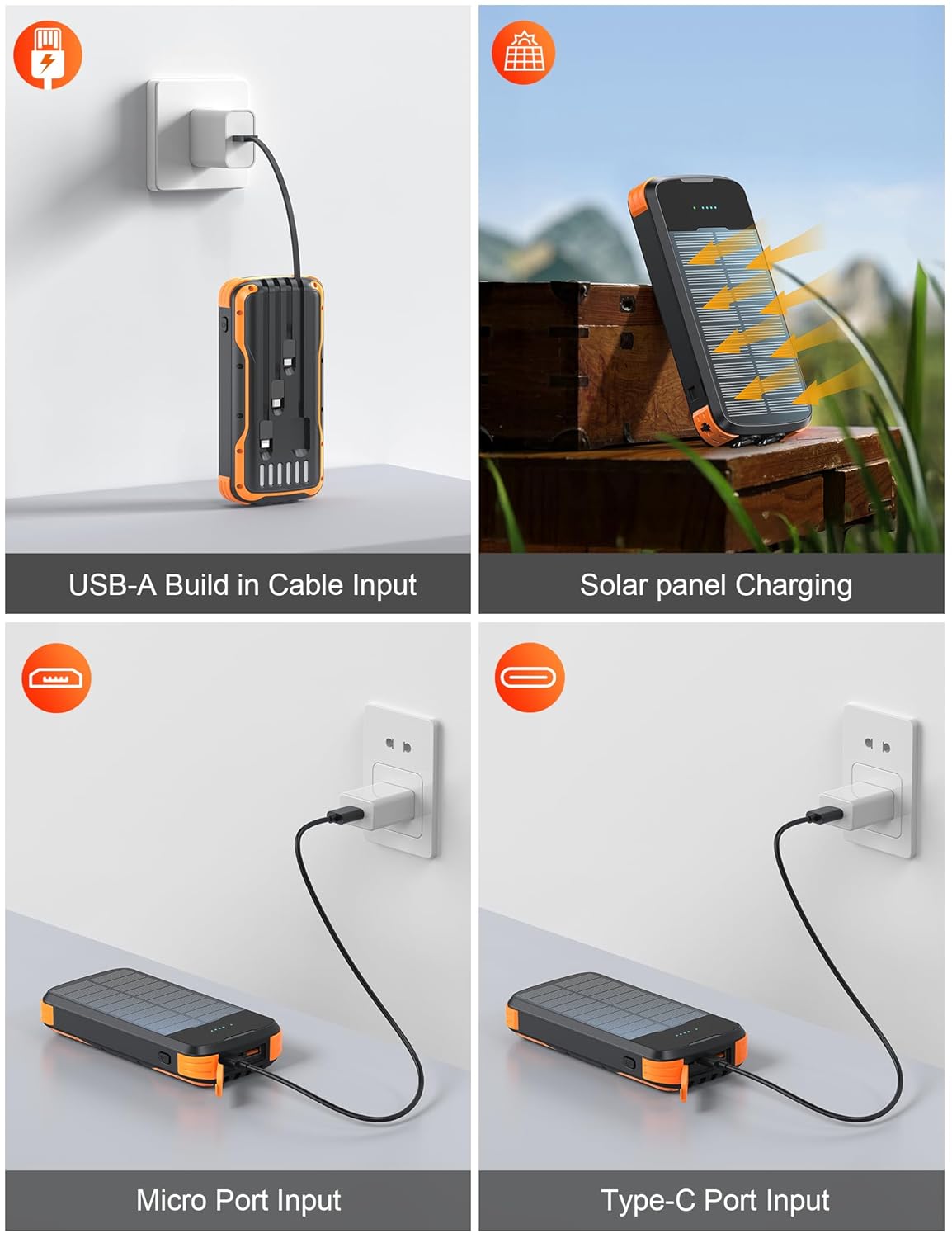 Calmora Solar Charger Power Bank, 40000mAh, PD 20W Fast Charging, Built-in 4 Cables, Dual Flashlights, IP67 Waterproof, for Camping and Hiking