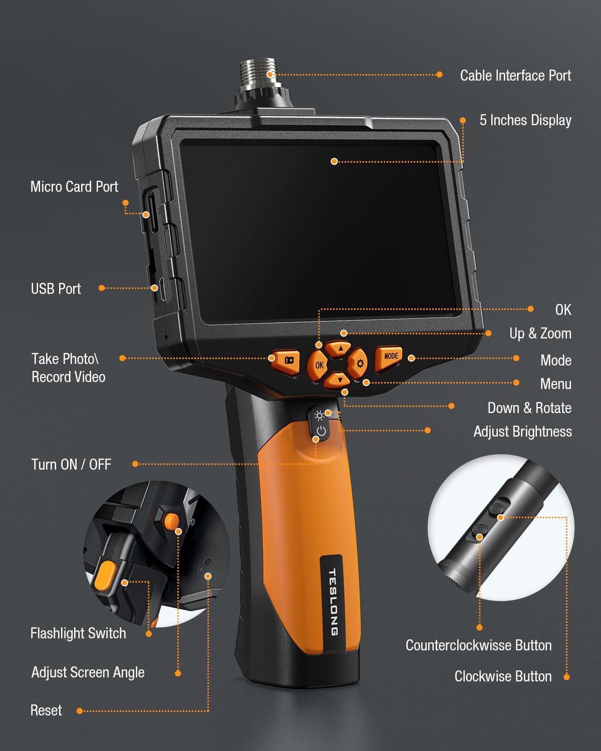 Teslong NTS300 Dual Lens Inspection Camera With 360° Electric Rotation Probe, 16.4ft Waterproof Scope Cable, 5" IPS Screen Borescope, Industrial Endoscope for Pipe and Automotive
