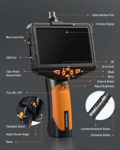 Teslong NTS300 Dual Lens Inspection Camera With 360° Electric Rotation Probe, 16.4ft Waterproof Scope Cable, 5" IPS Screen Borescope, Industrial Endoscope for Pipe and Automotive