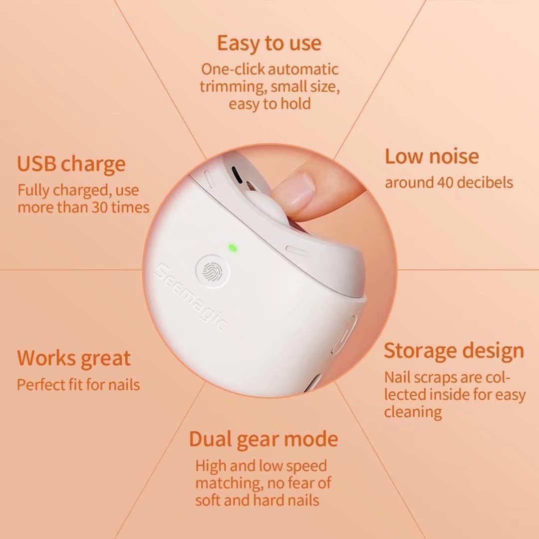 CALMORA Electric Automatic Nail Clipper Light & 2 Speeds, Fingernail Cutter and File 2 in 1 Design, Nail Scraps Storage, USB Rechargeable Safety Fingernail Trimmer Baby, Kids, Seniors and Adult