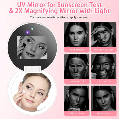 CALMORA UV Camera Mirror for Sunscreen Test, 2X Makeup Mirror with Lights and Magnification, Rechargeable 3.8 Inch Portable Pocket Mirror for Skin Protection