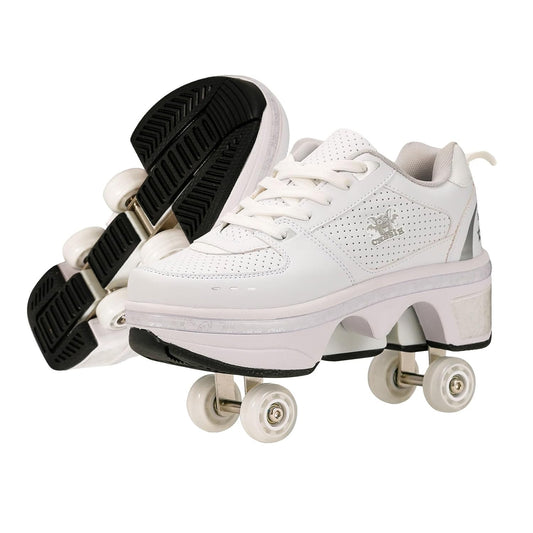 Roller Skates for Women Outdoor,Parkour Shoes with Wheels for Girls/Boys,Kick Rollers Shoes Retractable Adults/Kids,Quad Roller Skates Men,Unisex Skating Shoes Recreation Sneakers,White4-6.5US