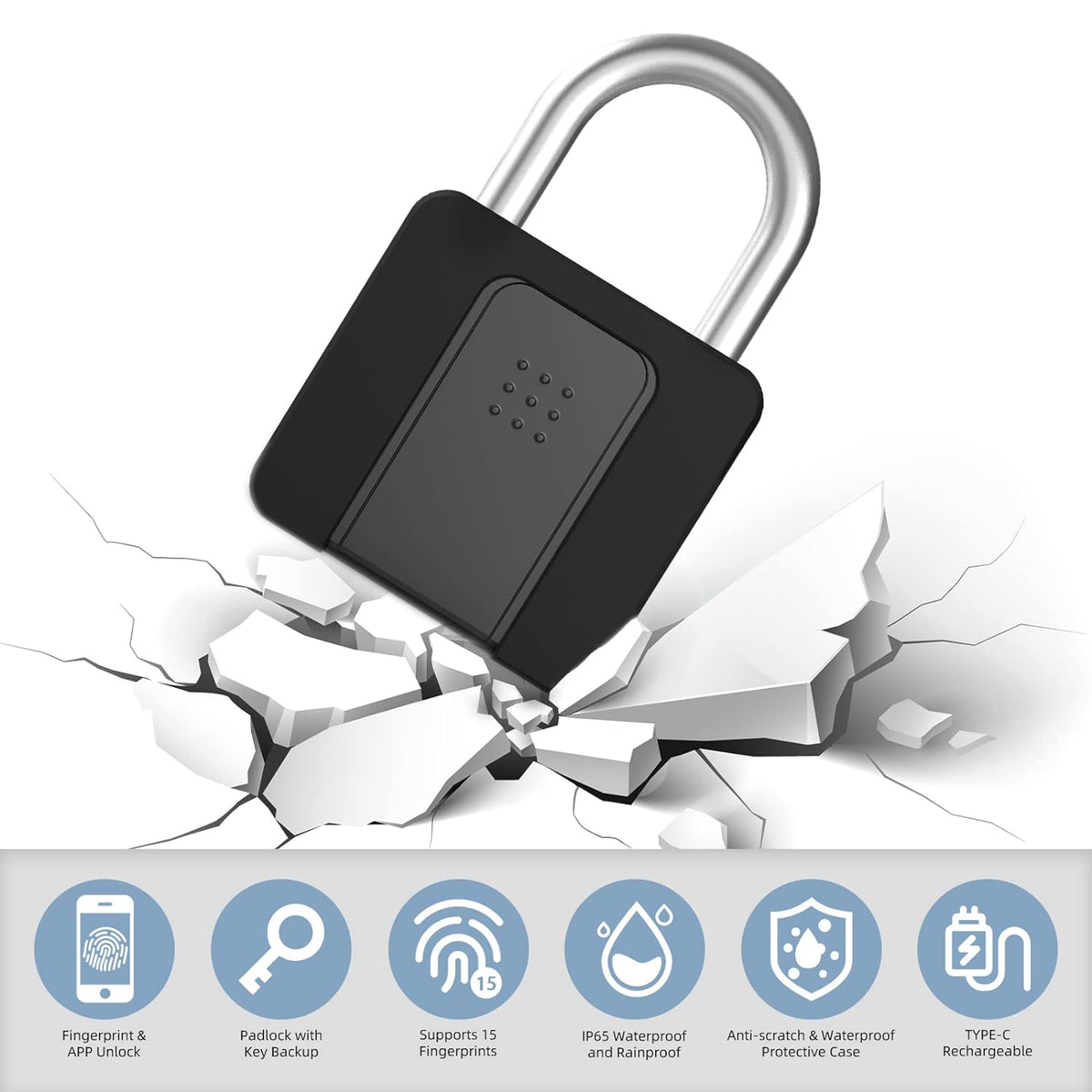Fingerprint Padlock, Eseesmart Padlock Large Size, Combination Lock, Waterproof with Protective Case, Padlock with Key, with Mobile APP and Fingerprint Unlock, Suitable for Gates, Doors,Gym, Office