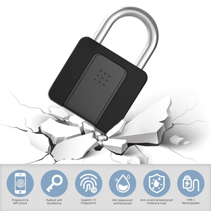 Fingerprint Padlock, Eseesmart Padlock Large Size, Combination Lock, Waterproof with Protective Case, Padlock with Key, with Mobile APP and Fingerprint Unlock, Suitable for Gates, Doors,Gym, Office