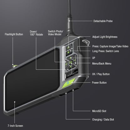 Triple Lens Borescope with 7" IPS Screen, Teslong 1080P HD Industrial Endoscope Inspection Camera with Light, 16.5FT Flexible Automotive Mechanic Scope Tool, Waterproof Pipe Snake Camera in Wall Cam