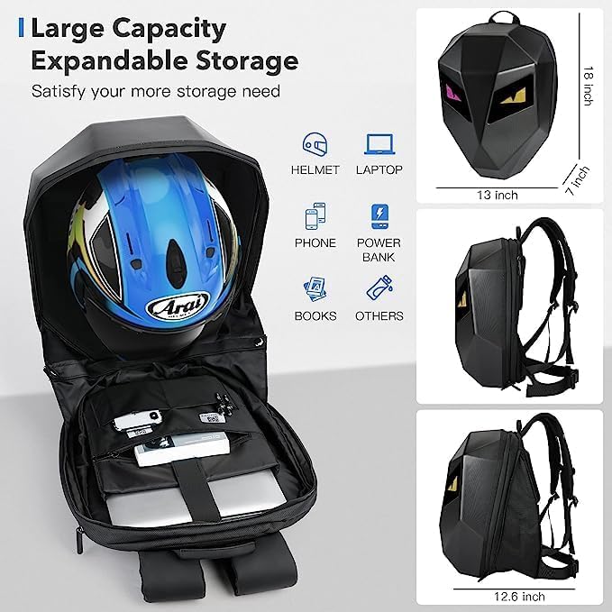 Calmora LED Backpack HELMET Bag Motorcycle Riding Backpack, Hard Shell Travel Bag LED Motorbike Luggage Bags High-Capacity Helmet