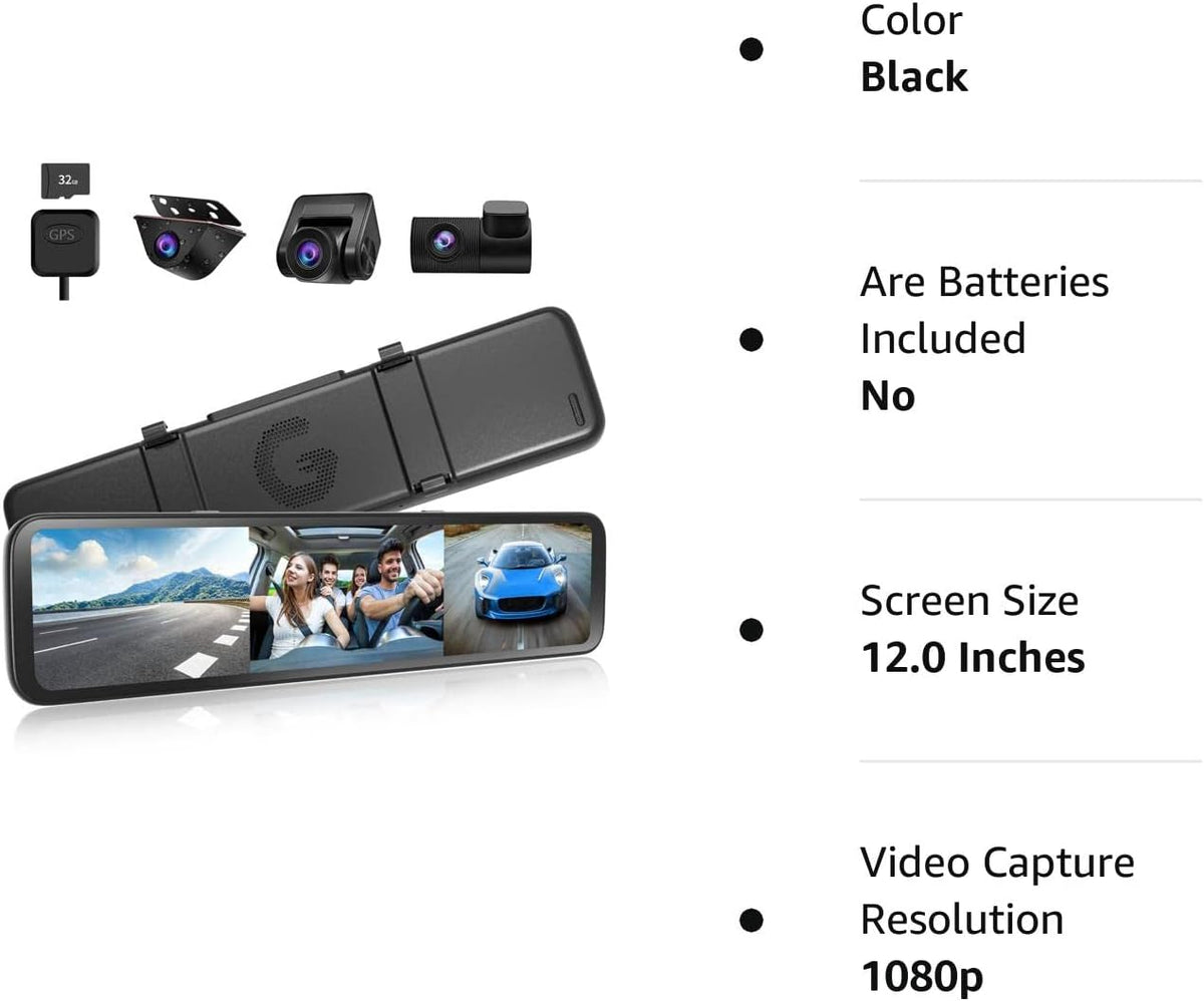 WOLFBOX 3 Channels Mirror Dash Cam, 12" IPS Touch Screen Rear View Mirror Camera with Detached Front, in-Car Camera, and Waterproof Backup Camera, Front and Rear Dash Camera with GPS & G-Sensor