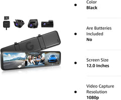 WOLFBOX 3 Channels Mirror Dash Cam, 12" IPS Touch Screen Rear View Mirror Camera with Detached Front, in-Car Camera, and Waterproof Backup Camera, Front and Rear Dash Camera with GPS & G-Sensor