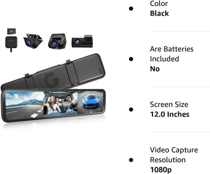 WOLFBOX 3 Channels Mirror Dash Cam, 12" IPS Touch Screen Rear View Mirror Camera with Detached Front, in-Car Camera, and Waterproof Backup Camera, Front and Rear Dash Camera with GPS & G-Sensor