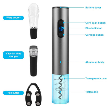 Wine Opener Electric,Wine Bottle Opener, Stainless Steel Corkscrew Battery Powered Cordless Wine Opener Kit with Foil Cutter USB Charger