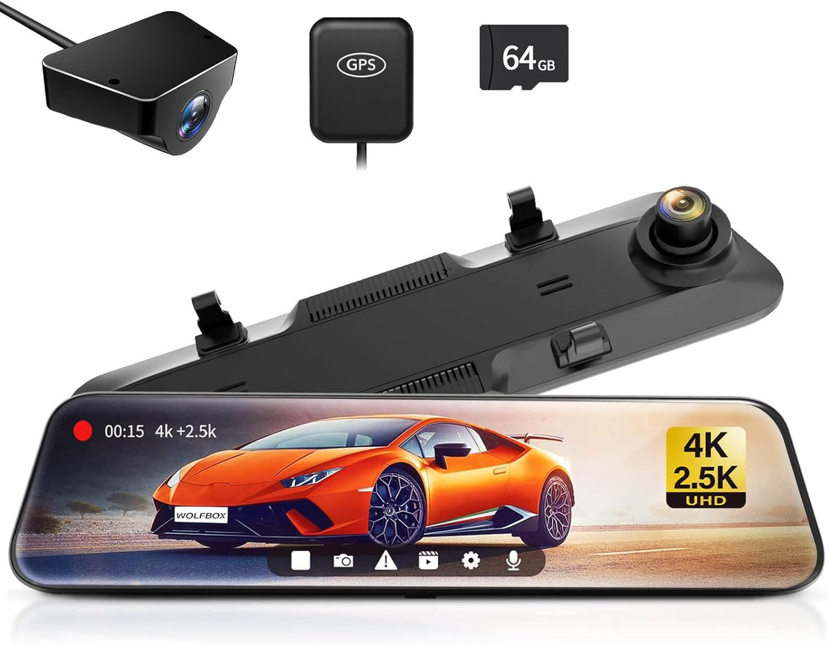 WOLFBOX Rear View Mirror Camera: Mirror Dash Cam Front and Rear 4K+2.5K for Car with 12" Full Touch Screen, Waterproof Backup WDR Camera, Night Vision, G-Sensor, Parking Assist,Free 32GB Card & GPS