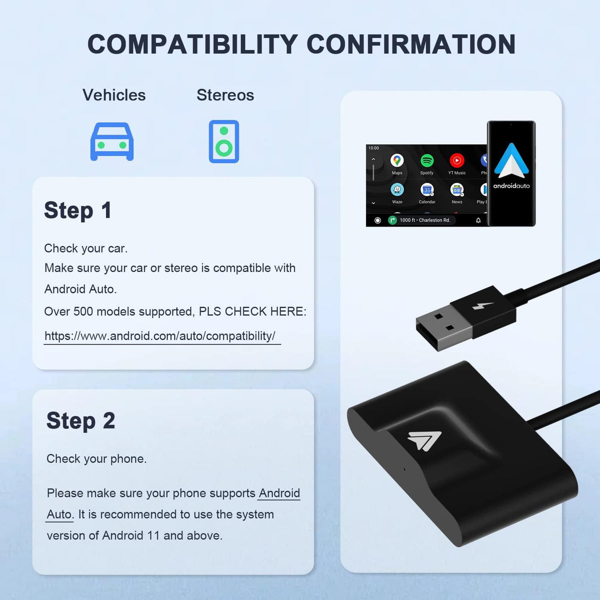 Calmora Android Auto Wireless Adapter for OEM Factory Wired Android Auto Cars Plug & Play Easy Setup AA Wireless Android Auto Dongle for Android Phones Converts Wired Android Auto to Wireless