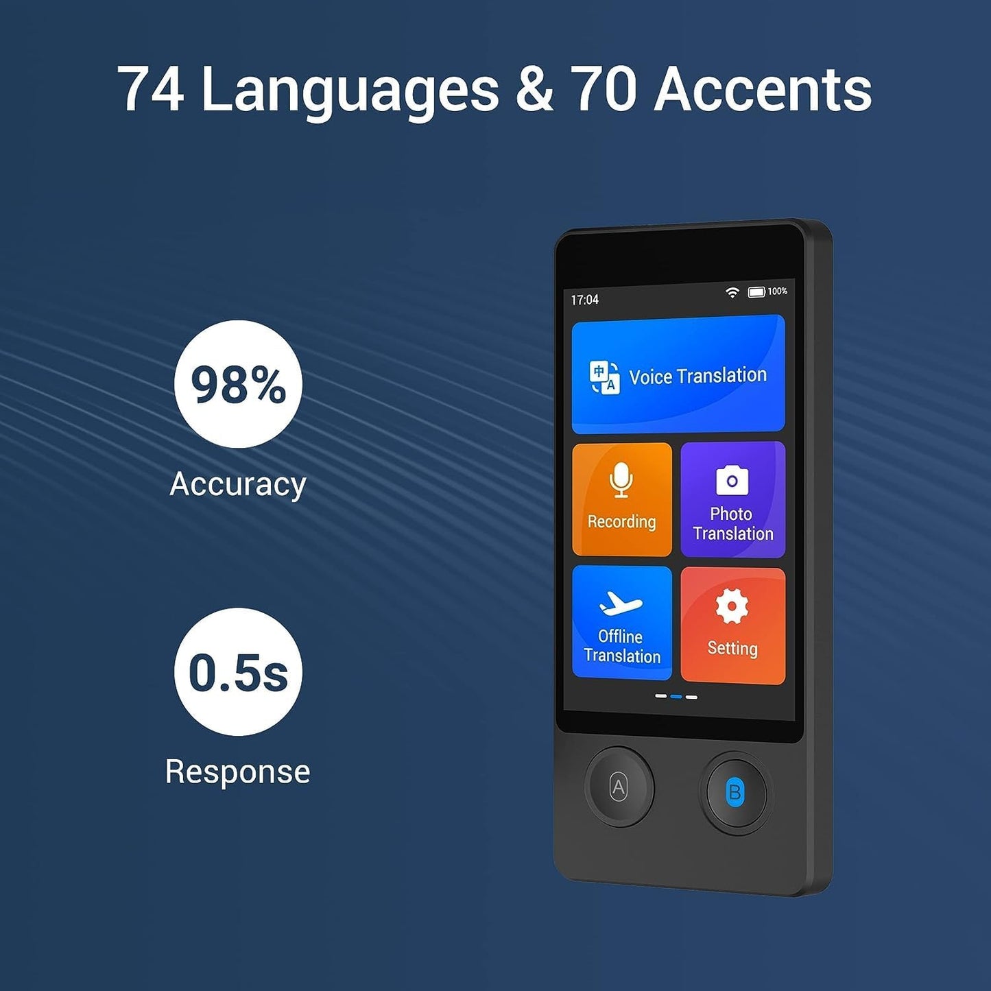Offline Language Translator Device, Latest AI Voice Translator, 144 Languages and Accents 97% Accuracy with 3.7 inch Touchscreen Instant Two Way Translation, for Learning, Travel, No WiFi or SIM