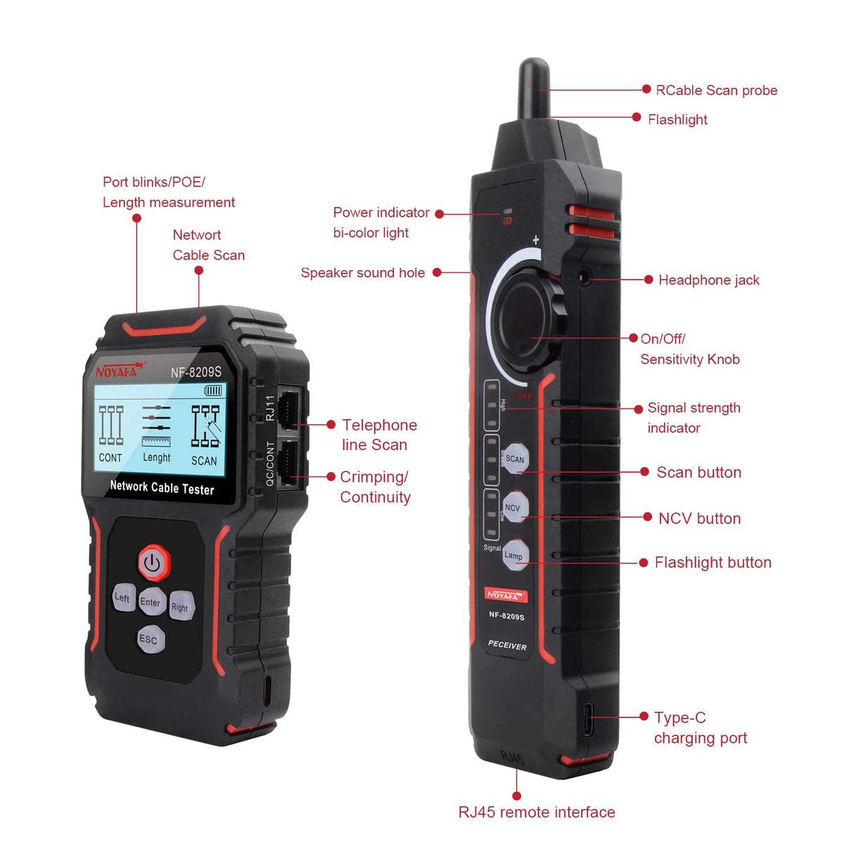 NOYAFA NF-8209S Upgrade Advanced Network Cable Tester with PoE& NCV，Cable Length Test，Port Flashing，Multifunction Anti Interference Scanning Modes Wire Tracker