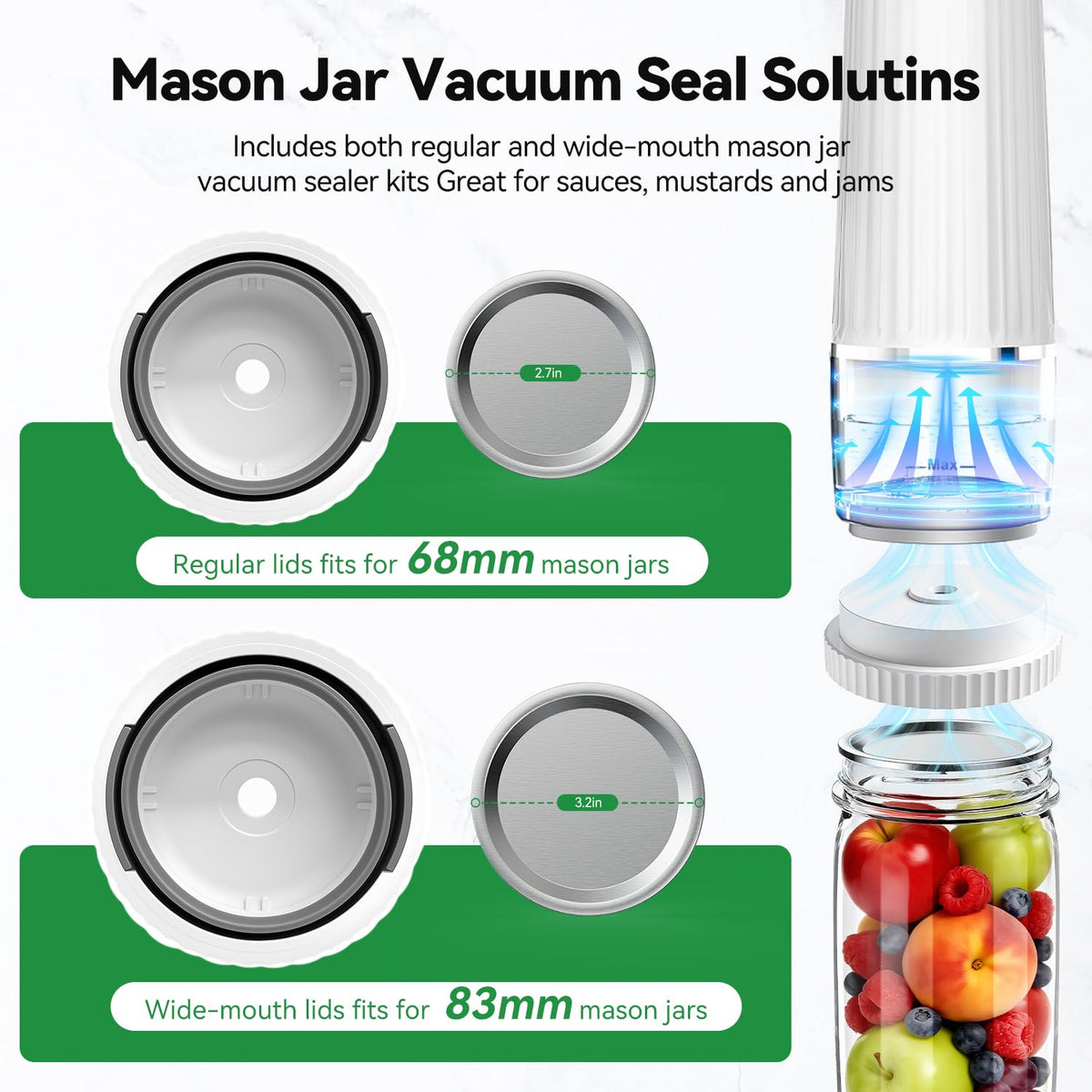 Calmora Vacuum Sealer for Food (Compact Vacuum Sealer Machine +30 Mason Jar Lids+ Wine Stopper), Handheld Mason Jar Vacuum Sealer for 10X Preservation & Fresh, 80Kpa Portable Vacuum Food Saver