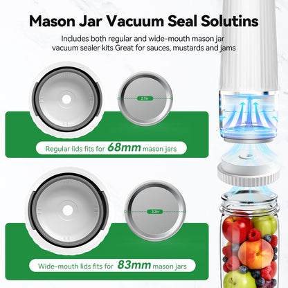 Calmora Vacuum Sealer for Food (Compact Vacuum Sealer Machine +30 Mason Jar Lids+ Wine Stopper), Handheld Mason Jar Vacuum Sealer for 10X Preservation & Fresh, 80Kpa Portable Vacuum Food Saver