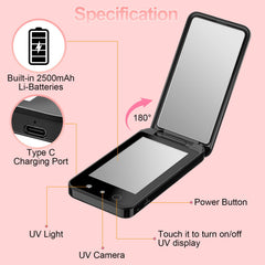 CALMORA UV Camera for Sunscreen Test UV Mirror Sunscreen Camera, 4 Inch Vanity Mirror Rechargeable Compact Travel Makeup Mirror Handheld Double-Sided Pocket Mirror for Skin Protection(Dark Black)