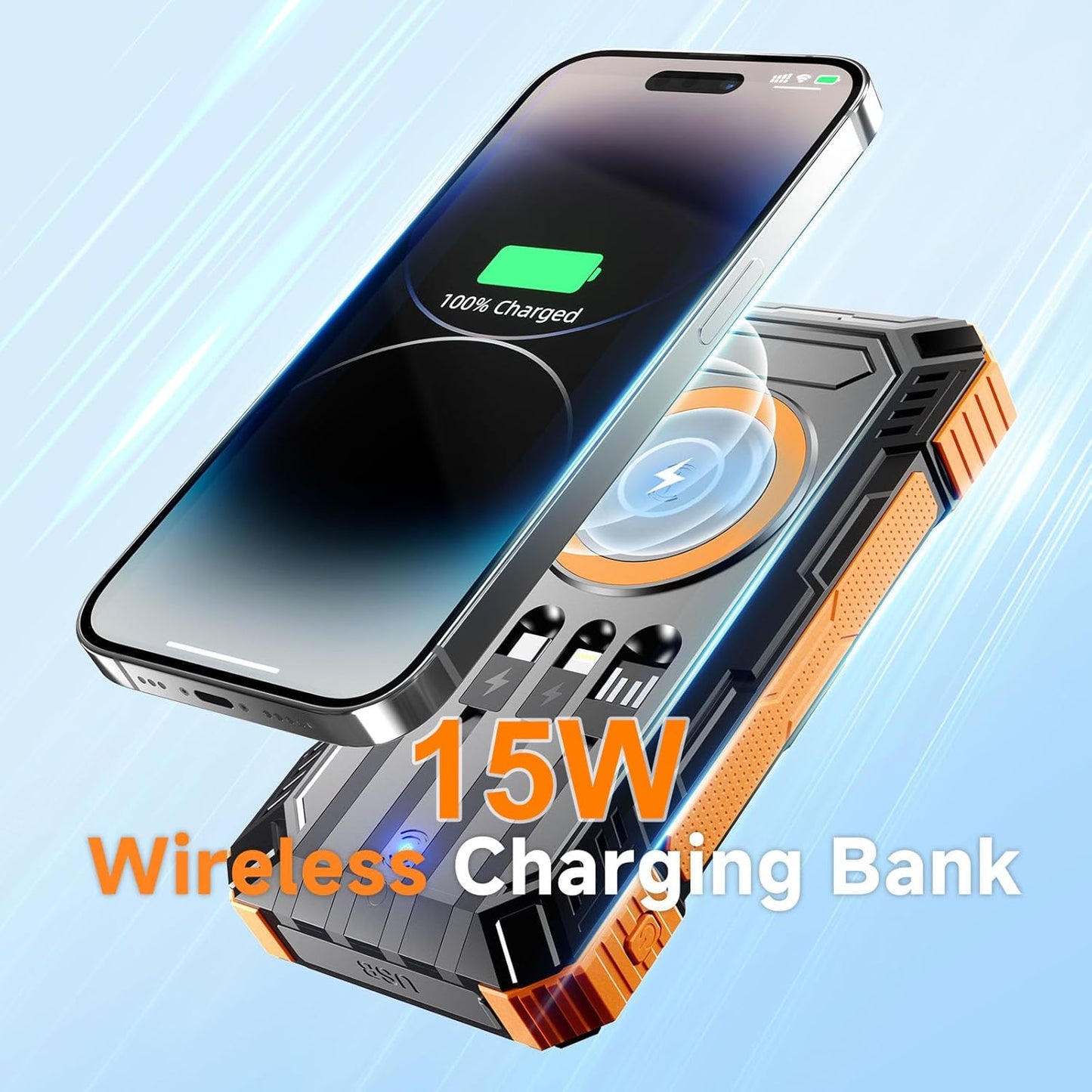 CALMORA Solar Charger Power Bank 49800mAh 22.5W Portable Charger, 15W Wireless Charging QC 3.0 Fast Charging with LED Flashlight, Built-in 4 Cables, USB-C in/Output