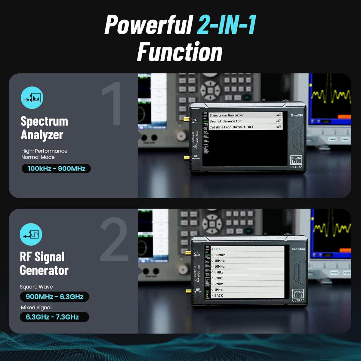 Calmora HW V0.5.4 TinySA Ultra+ZS407 Spectrum Analyzer, 4-inch 100kHz-7.3GHz Frequency Analyzer 2-in-1 Signal Generator 100kHz to 900MHz MF/HF/VHF UHF Input 5000mAh Battery 32GB SD Card