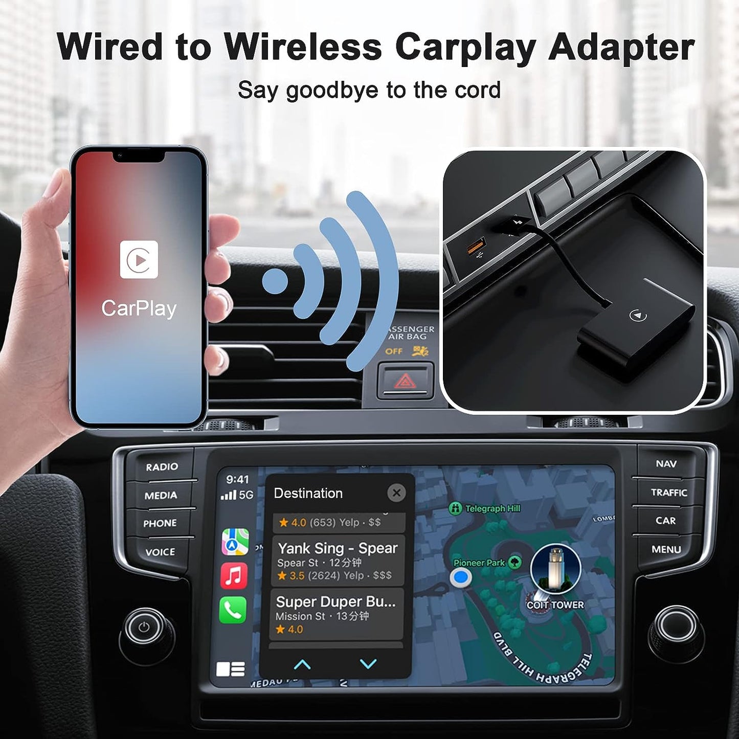 Apple Carplay Wireless Adapter, CarPlay Dongle for Factory Wired CarPlay Cars, 2023 Upgrade Plug & Play Wired Convert Wireless CarPlay, Fast and Easy Use Fit for Cars from 2015 & iPhone iOS 10+