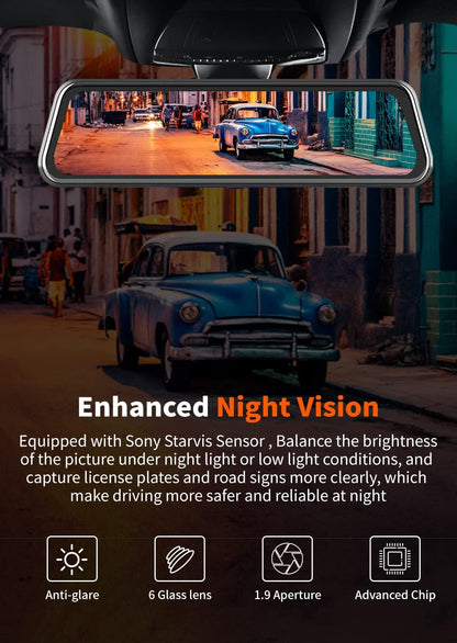 WOLFBOX 2.5K Mirror Dash Cam GPS, 10" Full Touch Screen Rear View Mirror Camera with Waterproof Backup Camera, Dual Dash Camera Front and Rear for Car, Rearview Car Camera Night Vision