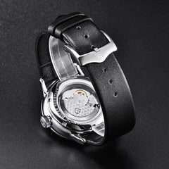 Fashion Men's Waterproof Stainless Steel Automatic Mechanical Watch, Date Display and Brown Leather Strap