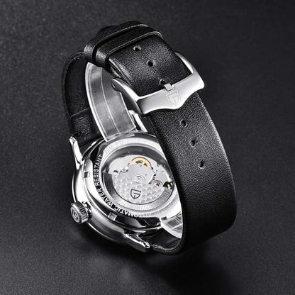 Fashion Men's Waterproof Stainless Steel Automatic Mechanical Watch, Date Display and Brown Leather Strap