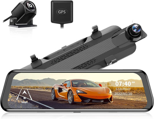 WOLFBOX 2.5K Mirror Dash Cam GPS, 10" Full Touch Screen Rear View Mirror Camera with Waterproof Backup Camera, Dual Dash Camera Front and Rear for Car, Rearview Car Camera Night Vision