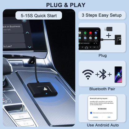 Teeran Android Auto Wireless Adapter for OEM Factory Wired Android Auto Cars Plug & Play Easy Setup AA Wireless Android Auto Dongle for Android Phones Converts Wired Android Auto to Wireless