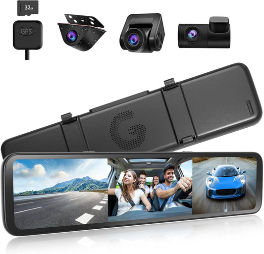 WOLFBOX 3 Channels Mirror Dash Cam, 12" IPS Touch Screen Rear View Mirror Camera with Detached Front, in-Car Camera, and Waterproof Backup Camera, Front and Rear Dash Camera with GPS & G-Sensor