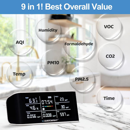 AirKnight 9-in-1 Indoor Air Quality Monitor, Portable CO2 Monitor | VOC Sensor | Formaldehyde Detector