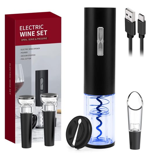Electric Wine Opener Set Gifts, COKUNST Type-C Rechargeable Wine Bottle Opener Automatic Wine Corkscrew with Foil Cutter, Wine Pourer,2 Vacuum Preservation Stoppers, 5-in-1 Kitchen Appliances