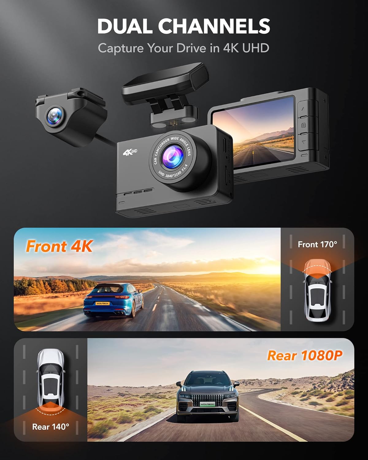 WOLFBOX 4K Dash Cam Built-in WiFi GPS Dashboard Camera Front 4K/2.5K and Rear 1080P Dual Car Recorder, Mini Security DashCam with 2.45" LCD, 170° Wide Angle, Support 128GB Max