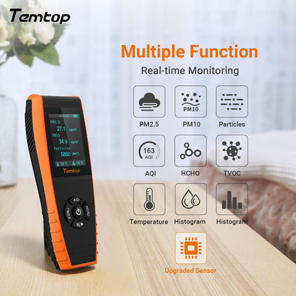 Temtop Air Quality Monitor Professional PM2.5 PM10 Meter Temperature and Humidity Formaldehyde Tester Indoor Outdoor TVOC AQI Air Pollution Detector (LKC1000S+)