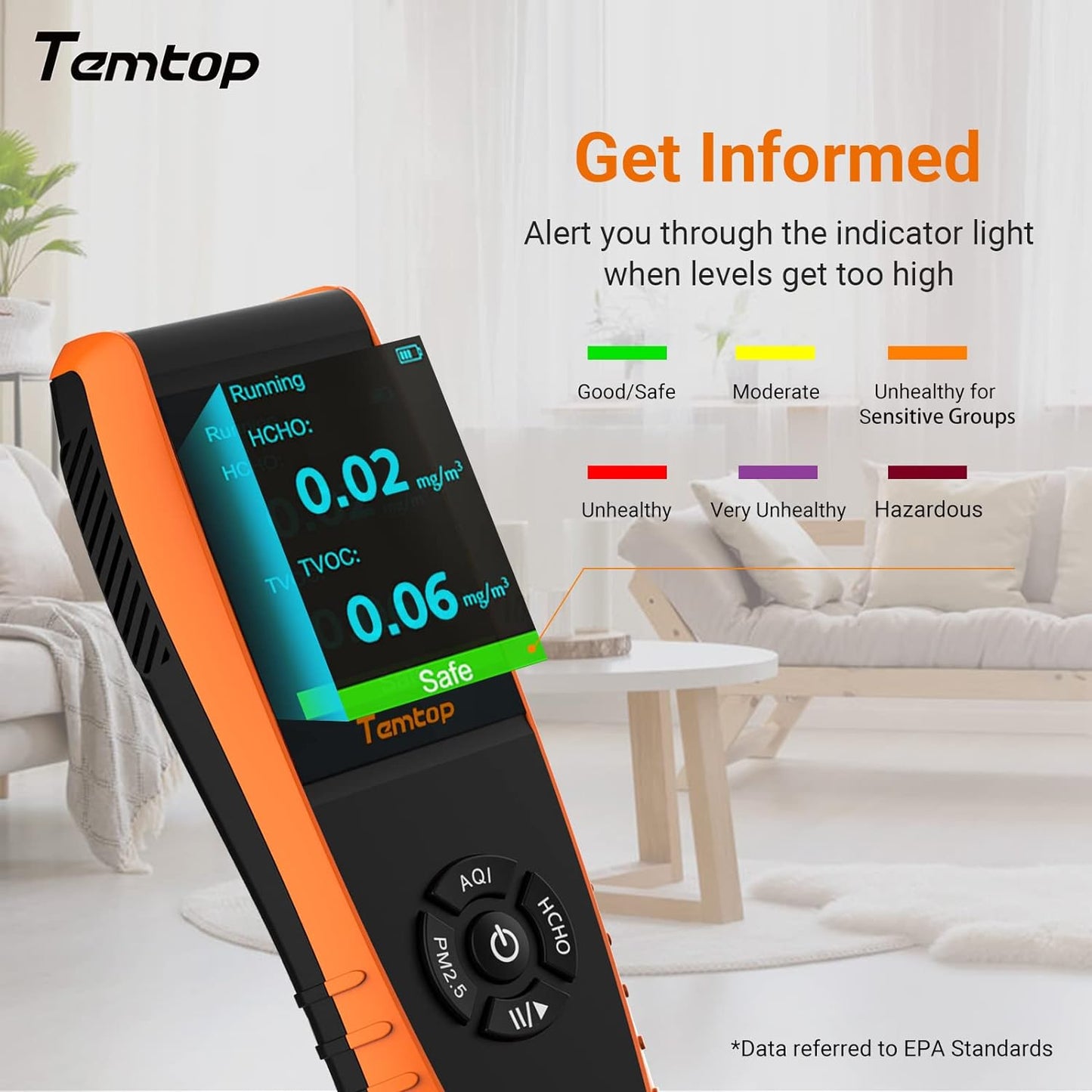 Temtop Air Quality Monitor Professional PM2.5 PM10 Meter Temperature and Humidity Formaldehyde Tester Indoor Outdoor TVOC AQI Air Pollution Detector (LKC1000S+)